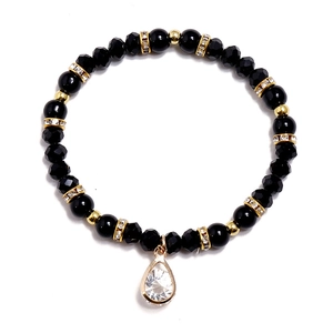 Black beaded bracelet with gold crystal spacers and a teardrop pendant for women