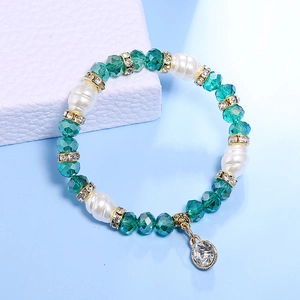 Elegante pulsera de cuentas de cristal verde, perlas barrocas y espaciadores dorados