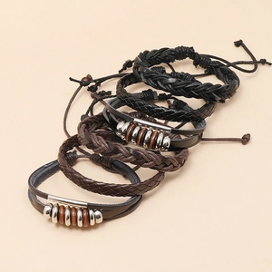 Set bracciali retrò in pelle intrecciata multistrato con perline e cordino regolabile