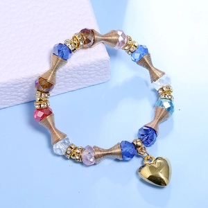 Colorful Bohemian multilayer crystal beaded bracelet with heart pendant and gold spacers