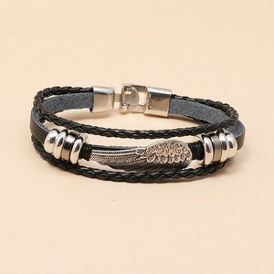 Men's punk braided black leather bracelet featuring a silver feather wing charm