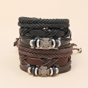 Handmade multilayer braided leather bracelet set with vintage cross metal charm