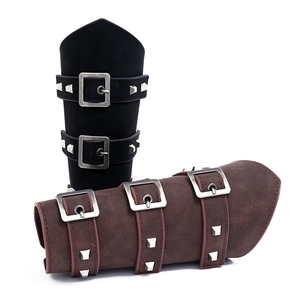 Detail of medieval punk faux leather bracers with adjustable silver metal buckles