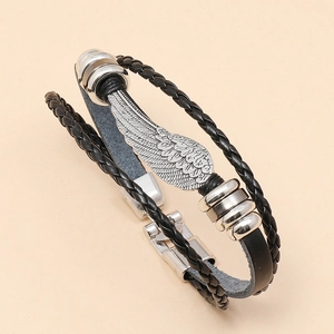 Punk woven leather bracelet with vintage metal feather charm and silver beads