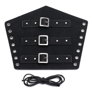Detail of punk leather wrist guard featuring three adjustable metal buckles and studs