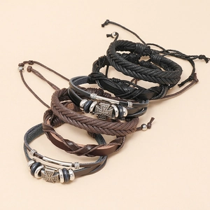 Vintage braided leather bracelet set with iron cross charm and metal beads for men