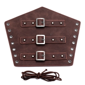 Brown vintage faux leather bracer with three metal buckles and adjustable laces for steampunk