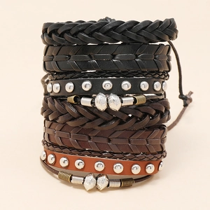 Retro multi-layered leather woven bracelet set with metal beads and adjustable drawstring