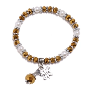 Böhmisches elastisches Perlenarmband mit goldenen Schliffperlen und silbernem Schmetterling