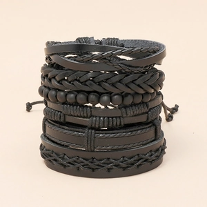 6-piece set of men's vintage black woven leather bracelets with adjustable punk style beads