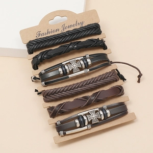 Set of 6 vintage handmade braided leather bracelets with cross charms for men and women