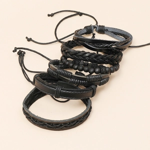 Set of 6 black woven leather bracelets for men featuring adjustable punk style beaded bands