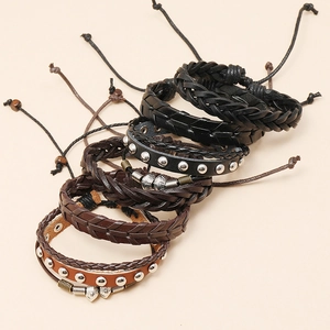 6-piece vintage woven leather bracelet set with metallic studs and adjustable cord