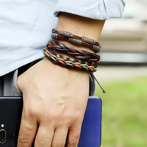 Ensemble de bracelets en cuir tressé faits main pour hommes avec cordon ajustable