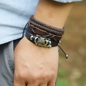6-piece vintage woven leather bracelet set with cross charm for men, brown punk style