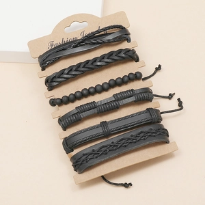 Set of 6 vintage black braided leather bracelets with adjustable beads for men and women