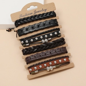 7-piece set of retro braided leather bracelets with metal beads and studs for men