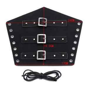 Black punk leather wrist guard with silver buckles and size measurements 24x19.5x17cm