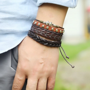 Men's vintage layered woven leather bracelets set with metal studs and beads