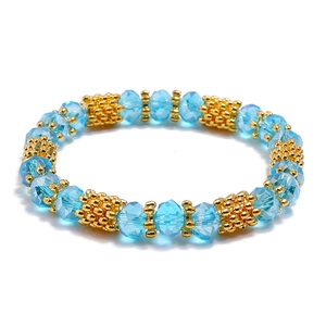 Women's Elastic Beaded Crystal Bracelet Bohemian Faceted Glass Beads With Textured Gold Alloy Spacers Fashion Jewelry Wristband