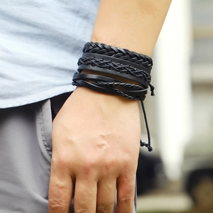 Handmade multi-layer black woven leather bracelet with adjustable vintage style cord