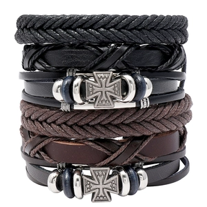 Vintage Leather Braided Bracelet Set Multi-layer Punk Cross Skull Feather Bead Alloy Wrap Bracelets For Men Women Gift