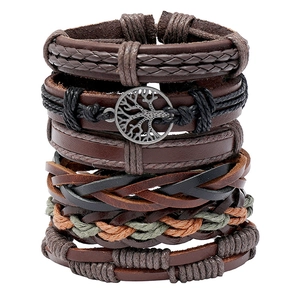 Bracelet en Cuir Tressé à la Main Vintage pour Homme Arbre de Vie Boho Superposable Charme en Alliage Bijoux Décontractés