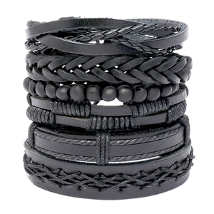 Vintage Punk Cowhide Leather Braided Bracelet Set For Men Adjustable Wax Rope Hemp Cord Multi Layer Wristband Jewelry