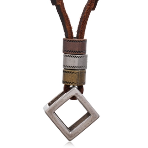 Retro hollow square pendant necklace with brown leather cord and textured beads