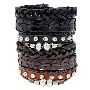 Vintage Woven Cowhide Leather Bracelet Set For Men Women Handmade Multi-Layer Adjustable Wrap Bracelet With Wood Beads Alloy Charms