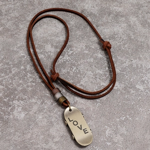Vintage adjustable leather necklace featuring a bronze LOVE scooter pendant and metal rings