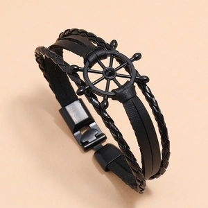 Men's black multi-layer braided leather bracelet featuring a black metal nautical rudder