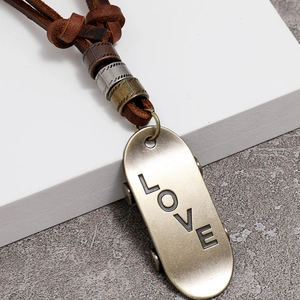 Vintage adjustable leather necklace with bronze scooter pendant featuring LOVE engraving