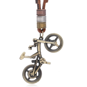 Retro bronze bicycle pendant necklace with adjustable brown leather cord for men