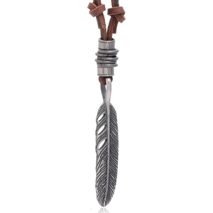 Vintage oxidized silver feather pendant necklace with brown litchi pattern leather cord