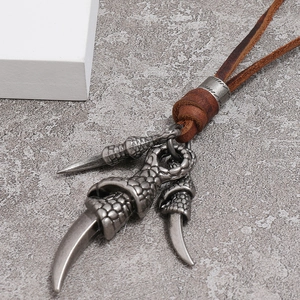 Retro eagle claw pendant necklace with brown leather cord and silver scales texture