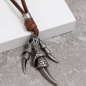 Retro punk dragon claw pendant necklace with brown leather cord and vintage silver finish
