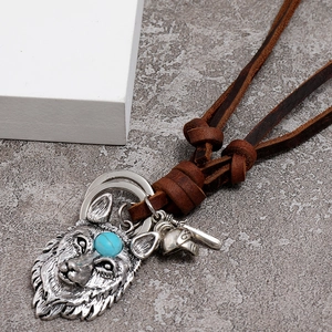 Retro wolf head pendant on brown leather necklace with turquoise stone for men
