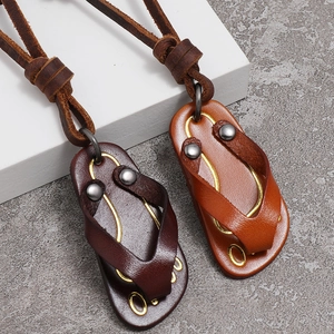 Creative leather flip-flop pendant necklaces in brown and reddish tones with metal rivets