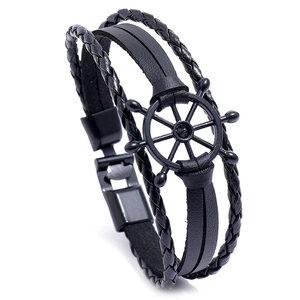 Vintage Nautical Rudder Pendant Braided Leather Bracelet For Men Multi Layer Punk Alloy Helm Charm Wristband Jewelry