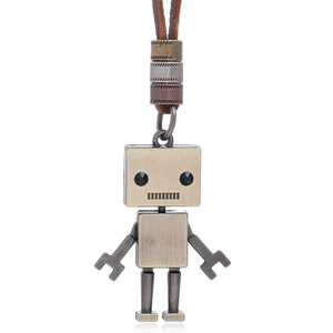 Collier Pendentif Robot Industriel Vintage Corde en Cuir de Vachette Style Punk Vieilli Alliage Bijoux Homme Femme