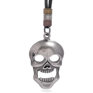 Vintage Skull Pendant Necklace Men Cowhide Leather Cord Antique Silver Alloy Charm Punk Gothic Halloween Jewelry Accessories