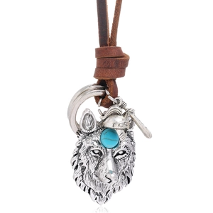 Wolf Head Pendant Necklace Alloy With Faux Turquoise And Leather Rope Tribal Ethnic Style For Men Vintage Accessory