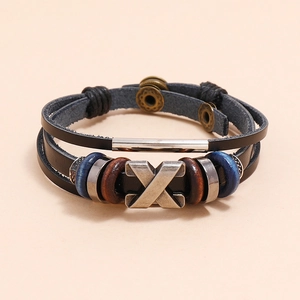 Vintage multilayer black leather bracelet with silver X-metal and colorful beads detail