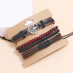 Set bracciali multistrato in pelle retrò con ciondolo albero della vita e perline