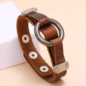 Bracelet rétro en cuir marron pour homme avec anneau métallique et boutons pression punk