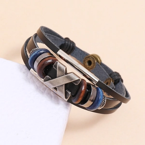 Retro multi-layer punk braided leather bracelet with vintage metal charms and wooden beads