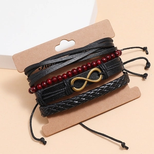 Ensemble de 4 bracelets en cuir tressé rétro avec symbole infini et perles bois