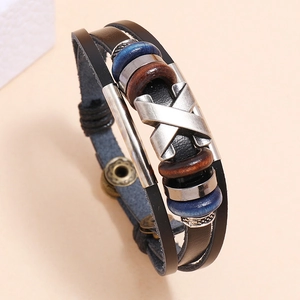 Multilayer vintage leather bracelet with wooden beads and X-shaped metal charm