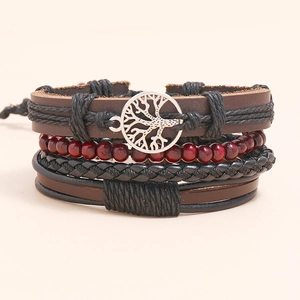 Set bracciali multistrato in pelle fatti a mano con ciondolo Albero della Vita e perline